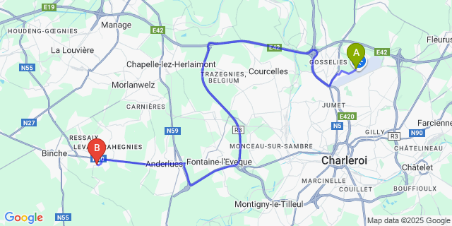 Map: Charleroi Airport Brussels South (CRL) to Epinois