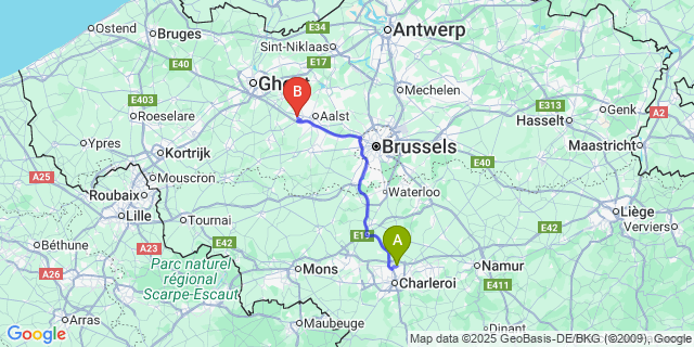 Map: Charleroi Airport Brussels South (CRL) to Erondegem