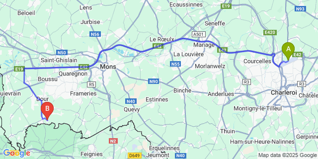 Map: Charleroi Airport Brussels South (CRL) to Erquennes