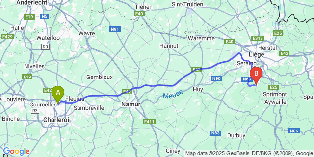 Map: Charleroi Airport Brussels South (CRL) to Esneux