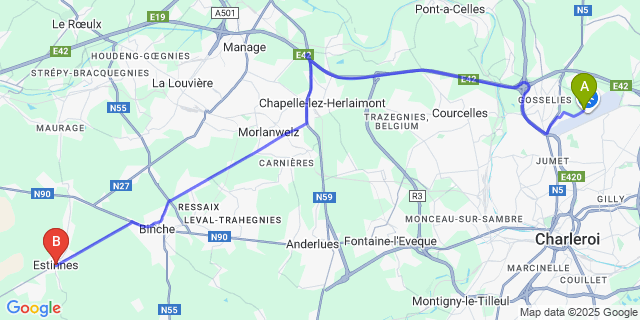 Map: Charleroi Airport Brussels South (CRL) to Estinnes