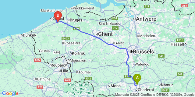 Map: Charleroi Airport Brussels South (CRL) to Ettelgem