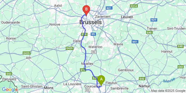 Map: Charleroi Airport Brussels South (CRL) to Eurocap, Brussels