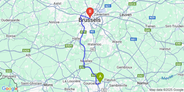 Map: Charleroi Airport Brussels South (CRL) to Europacity Hotel, Brussels