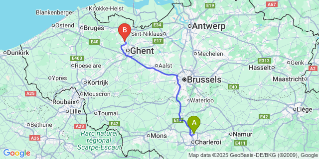 Map: Charleroi Airport Brussels South (CRL) to Evergem