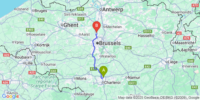 Map: Charleroi Airport Brussels South (CRL) to Eversem