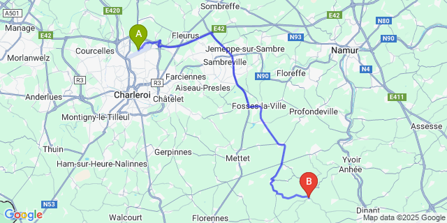 Map: Charleroi Airport Brussels South (CRL) to Falaën