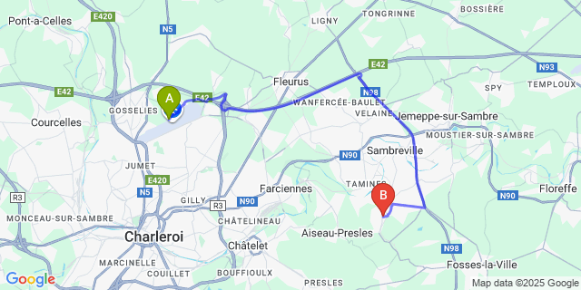 Map: Charleroi Airport Brussels South (CRL) to Falisolle