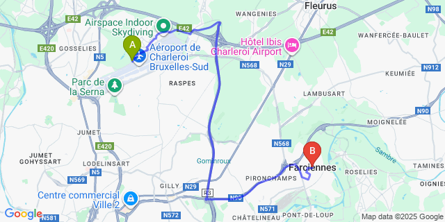 Map: Charleroi Airport Brussels South (CRL) to Farciennes