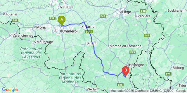 Map: Charleroi Airport Brussels South (CRL) to Fauvillers
