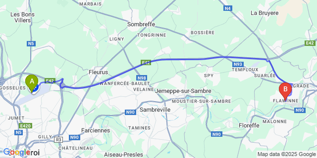 Map: Charleroi Airport Brussels South (CRL) to Flawinne