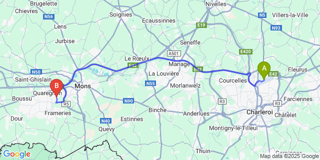 Map: Charleroi Airport Brussels South (CRL) to Flénu