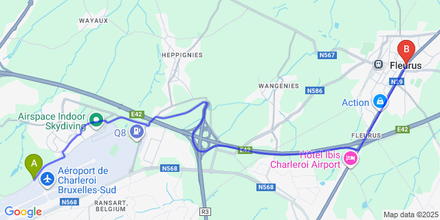 Map: Charleroi Airport Brussels South (CRL) to Fleurus