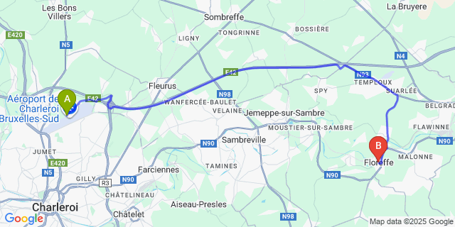 Map: Charleroi Airport Brussels South (CRL) to Floreffe
