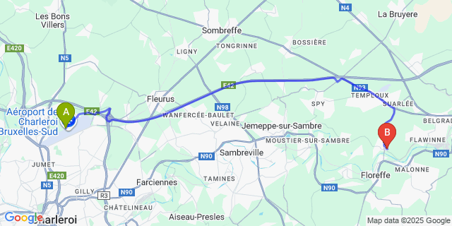 Map: Charleroi Airport Brussels South (CRL) to Floriffoux