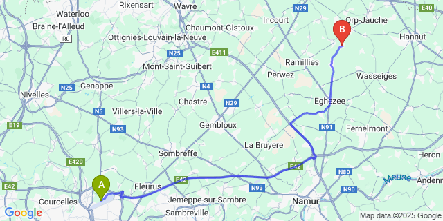 Map: Charleroi Airport Brussels South (CRL) to Folx-les-Caves