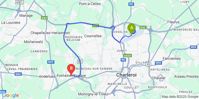 Map: Charleroi Airport Brussels South (CRL) to Fontaine-l’Eveque