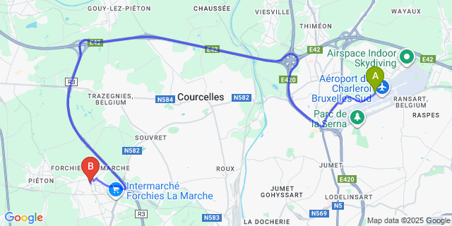 Map: Charleroi Airport Brussels South (CRL) to Forchies-La-Marche