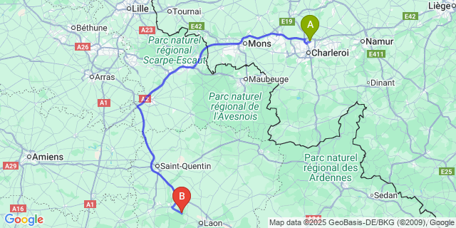 Map: Charleroi Airport Brussels South (CRL) to Fourdrain