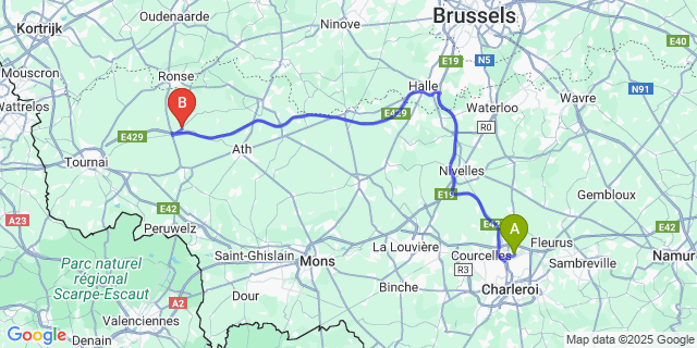 Map: Charleroi Airport Brussels South (CRL) to Frasnes-Lez-Anvaing