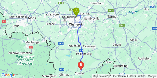 Map: Charleroi Airport Brussels South (CRL) to Frasnes-lez-Couvin