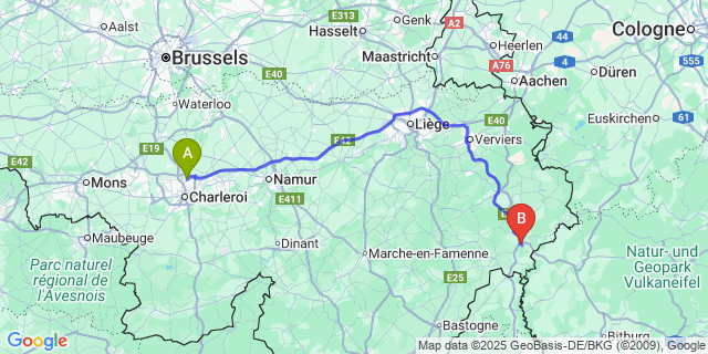 Map: Charleroi Airport Brussels South (CRL) to Galhausen