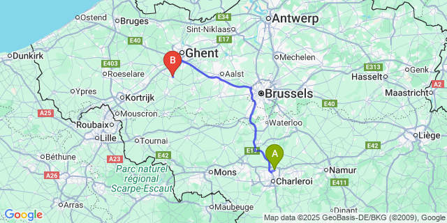 Map: Charleroi Airport Brussels South (CRL) to Gavere