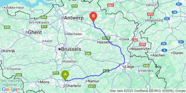 Map: Charleroi Airport Brussels South (CRL) to Geel