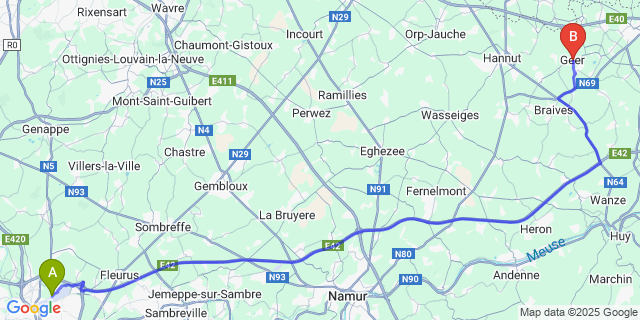 Map: Charleroi Airport Brussels South (CRL) to Geer