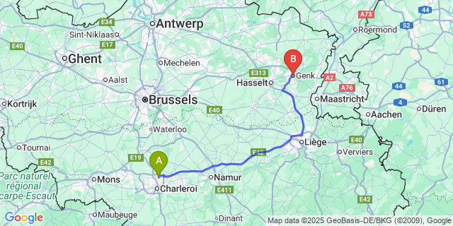 Map: Charleroi Airport Brussels South (CRL) to Genk