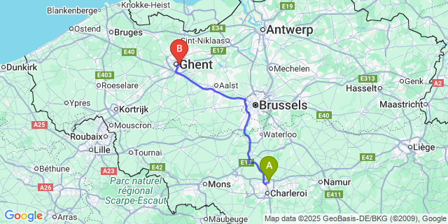 Map: Charleroi Airport Brussels South (CRL) to Gentbrugge