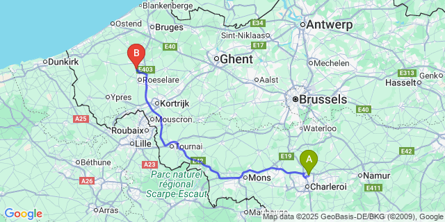 Map: Charleroi Airport Brussels South (CRL) to Gits