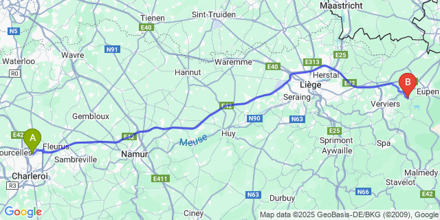 Map: Charleroi Airport Brussels South (CRL) to Goé