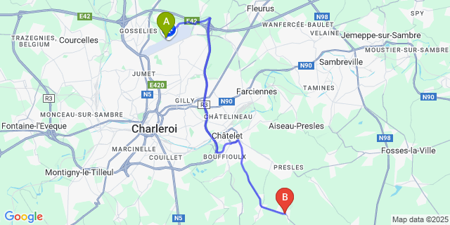 Map: Charleroi Airport Brussels South (CRL) to Gougnies