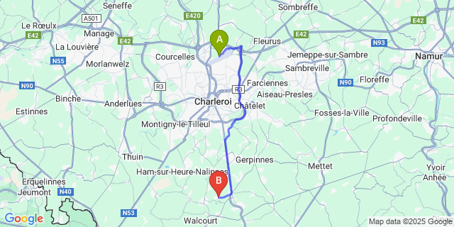 Map: Charleroi Airport Brussels South (CRL) to Gourdinne