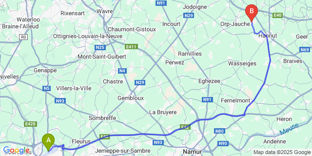 Map: Charleroi Airport Brussels South (CRL) to Grand-Hallet