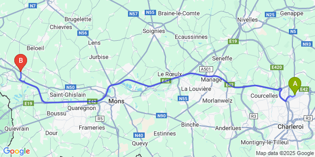 Map: Charleroi Airport Brussels South (CRL) to Grandglise