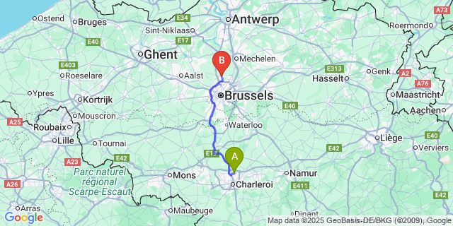 Map: Charleroi Airport Brussels South (CRL) to Grimbergen