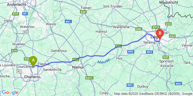 Map: Charleroi Airport Brussels South (CRL) to Grivegnée