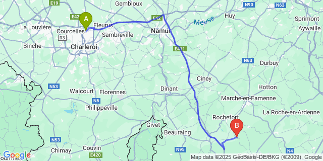 Map: Charleroi Airport Brussels South (CRL) to Grupont