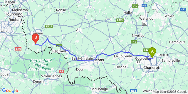 Map: Charleroi Airport Brussels South (CRL) to Guignies