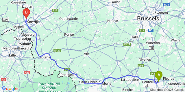Map: Charleroi Airport Brussels South (CRL) to Gullegem