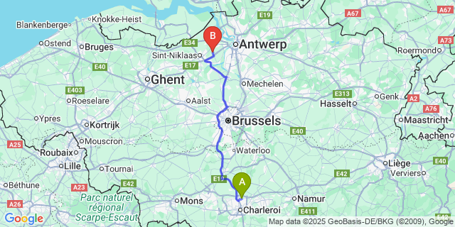 Map: Charleroi Airport Brussels South (CRL) to Haasdonk