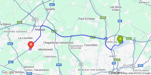Map: Charleroi Airport Brussels South (CRL) to Haine-Saint-Pierre