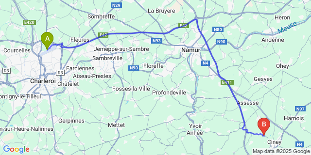 Map: Charleroi Airport Brussels South (CRL) to Halloy
