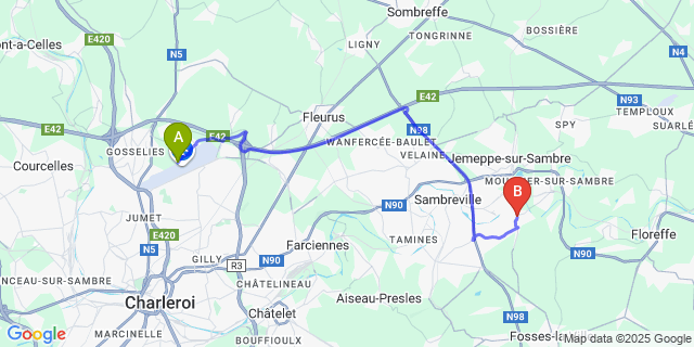 Map: Charleroi Airport Brussels South (CRL) to Ham-Sur-Sambre