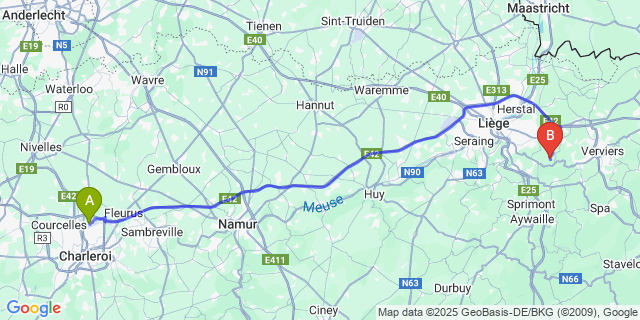 Map: Charleroi Airport Brussels South (CRL) to Hansez
