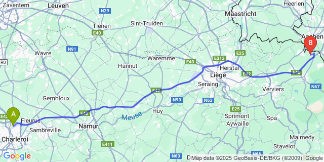 Map: Charleroi Airport Brussels South (CRL) to Hauset