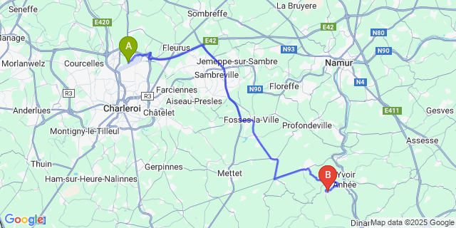 Map: Charleroi Airport Brussels South (CRL) to Haut-Le-Wastia