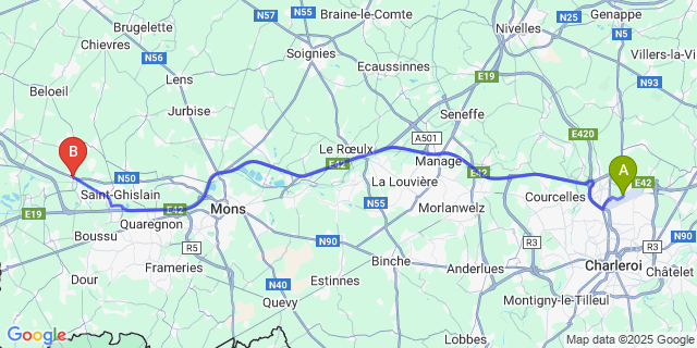 Map: Charleroi Airport Brussels South (CRL) to Hautrage